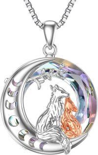 wholesale  S925 Sterling Silver Blue Crystal Rose Gold Plated Fox Moon Necklace for Luck Fortune Gift-Two Foxes-Purple