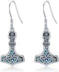 wholesale 925 Sterling Silver Viking Thors Hammer Dangle Earrings with Blue Stone and Celtic Design Norse Jewelry for Women-0-0