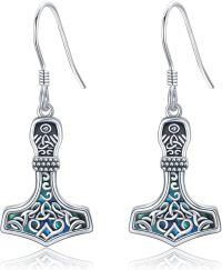 wholesale 925 Sterling Silver Viking Thors Hammer Dangle Earrings with Blue Stone and Celtic Design Norse Jewelry for Women-Thor Hammer