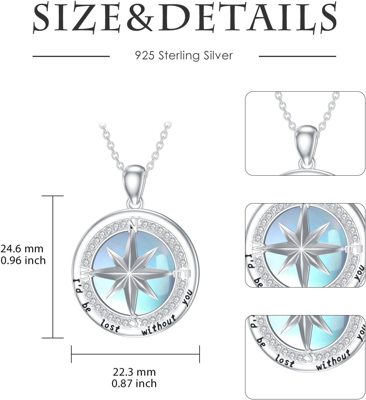 wholesale 925 Sterling Silver Round Blue Moonstone Compass Pendant Necklace with Cubic Zirconia and Engraved Message I'd be lost without you for Women Girls  45cm Chain Length-0-3