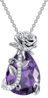 wholesale  S925 Sterling Silver Amethyst Rose Flower Necklace with Teardrop Crystals, Valentine's Gift for Women-02-Feb