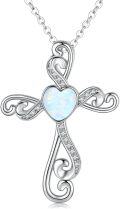 wholesale 925 Sterling Silver Heart-Shaped Opal and Cubic Zirconia Cross Pendant Necklace for Women & Girls-0-0