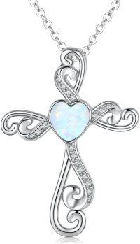 wholesale 925 Sterling Silver Heart-Shaped Opal and Cubic Zirconia Cross Pendant Necklace for Women & Girls-Opal