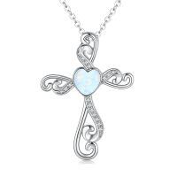 wholesale 925 Sterling Silver Heart-Shaped Opal and Cubic Zirconia Cross Pendant Necklace for Women & Girls-Opal