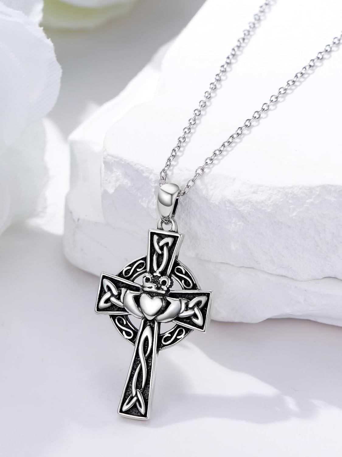 Sterling Silver Celtic Cross Pendant Irish Claddagh Necklace-0-1