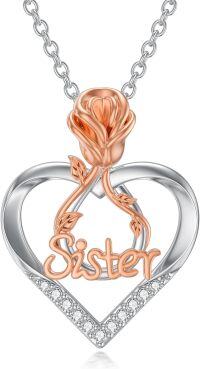wholesale 925 Sterling Silver Lab-Grown Cubic Zirconia Rose Heart Pendant Necklaces for Women - Anniversary/Birthday/Mother's Day Gift Ideas for Mom/Sister-C-Heart Rose Diamond-Sister