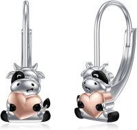 wholesale 925 Sterling Silver Highland Cow Heart Shaped Dangle Stud Leverback Hoop Earrings-Cow