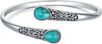 wholesale 925 Sterling Silver Turquoise Gemstone Carved Adjustable Bohemian Cuff Bracelet-Turquoise
