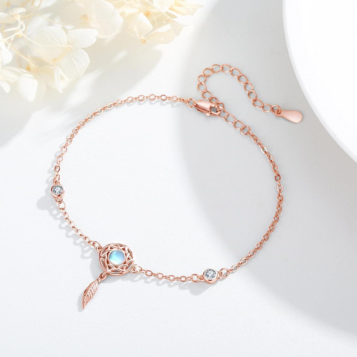 wholesale 925 Sterling Silver Moonstone Feather Charm Bracelet - Adjustable 9-8 in-0-3