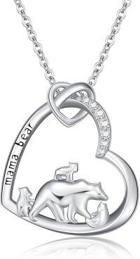 wholesale 925 Sterling Silver Mama Bear Heart Pendant Necklace with Cub and Cubic Zirconia Accents-Mama bear3