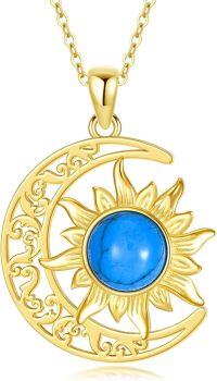 wholesale 925 Sterling Silver Gold Plated Natural Turquoise Moon Sun Necklace for Women-Blue