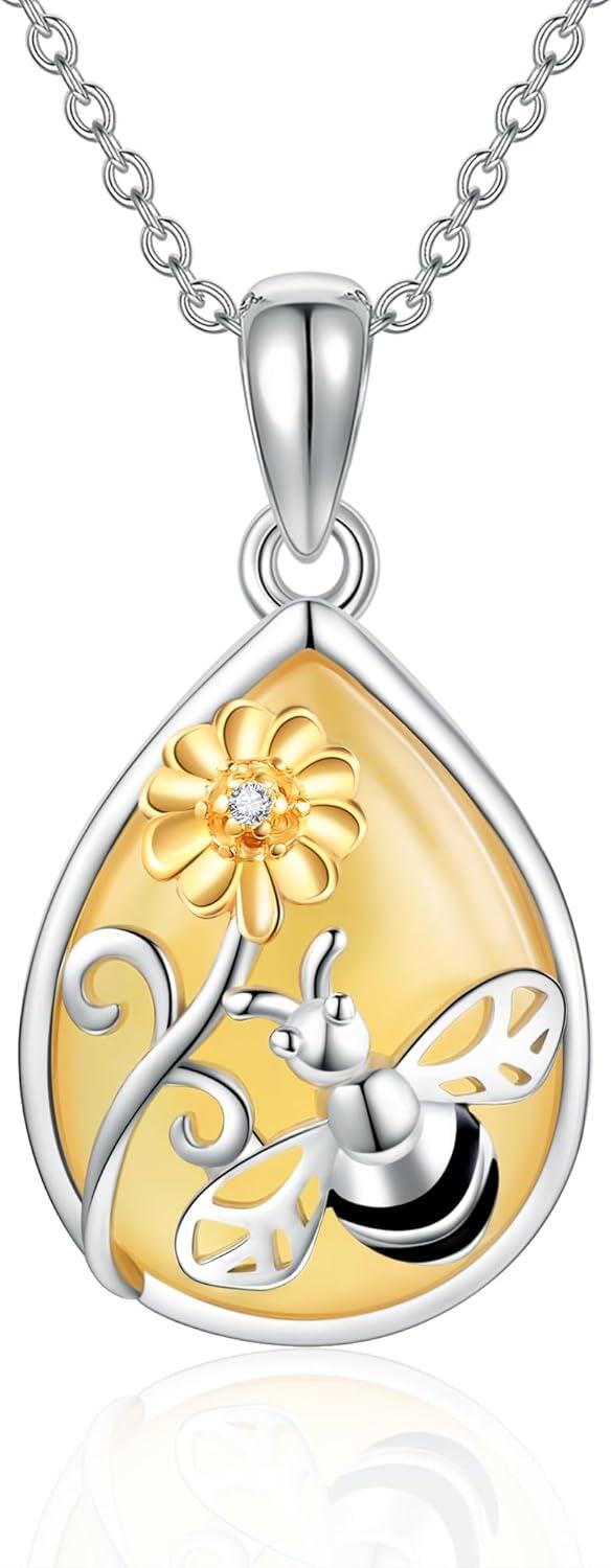 Sterling Silver Amber Pendant Necklace w Bee Dragonfly Hummingbird-0-0
