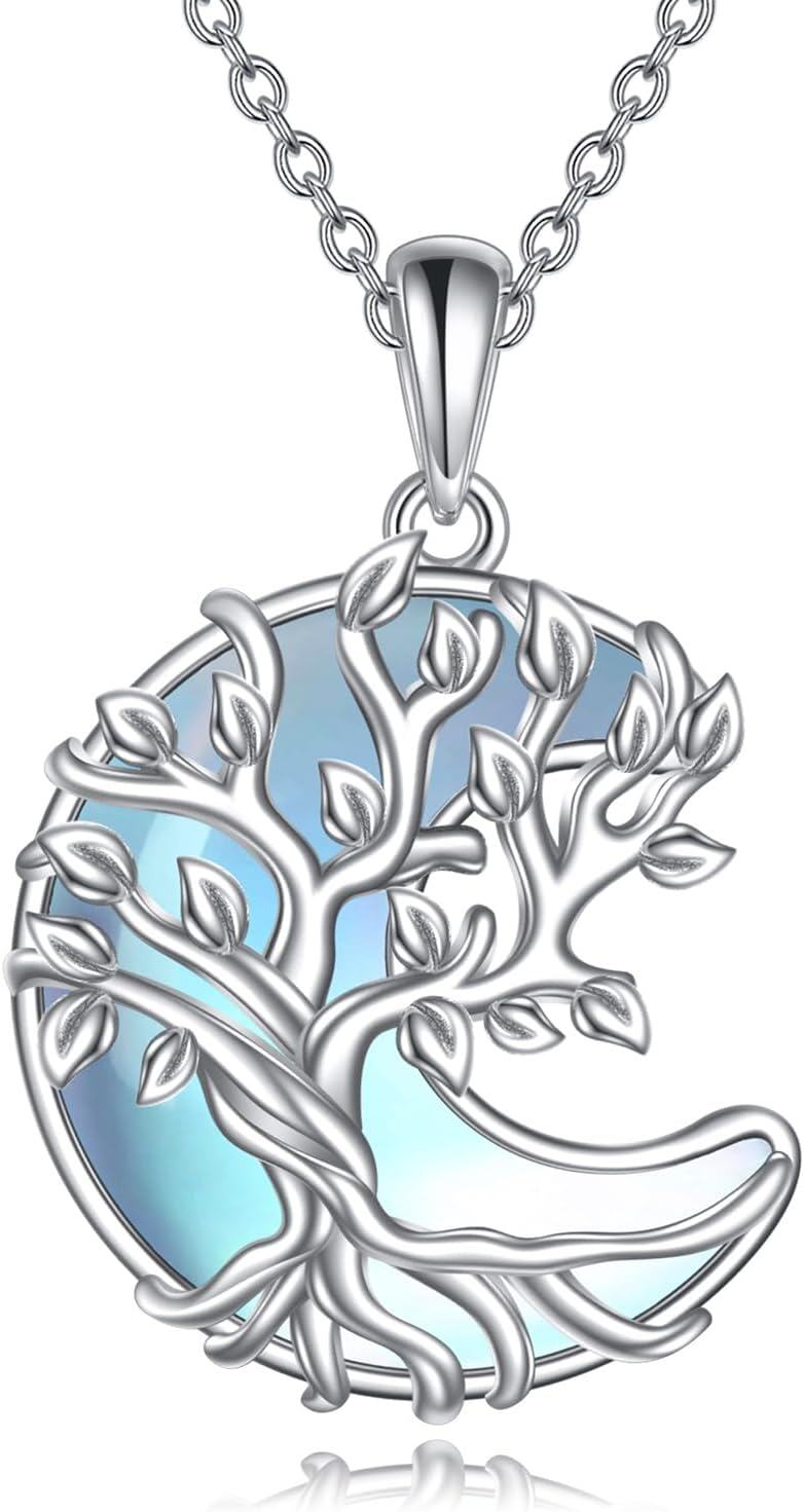 Sterling Silver Moonstone Filigree Teardrop Pendant Necklace for Women-VV-Tree of Life Moon Moonstone