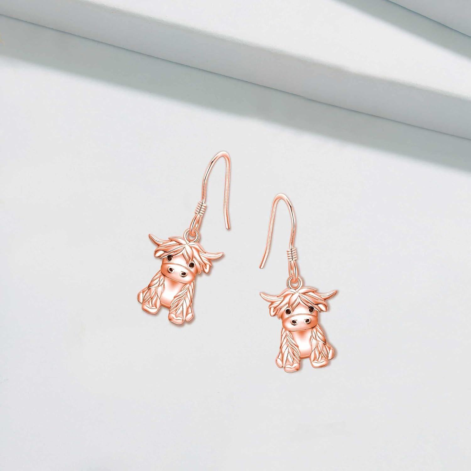 925 Sterling Silver Highland Cow Dangle Earrings with Rose Gold Plated and Natural Gemstone Accents-0-1