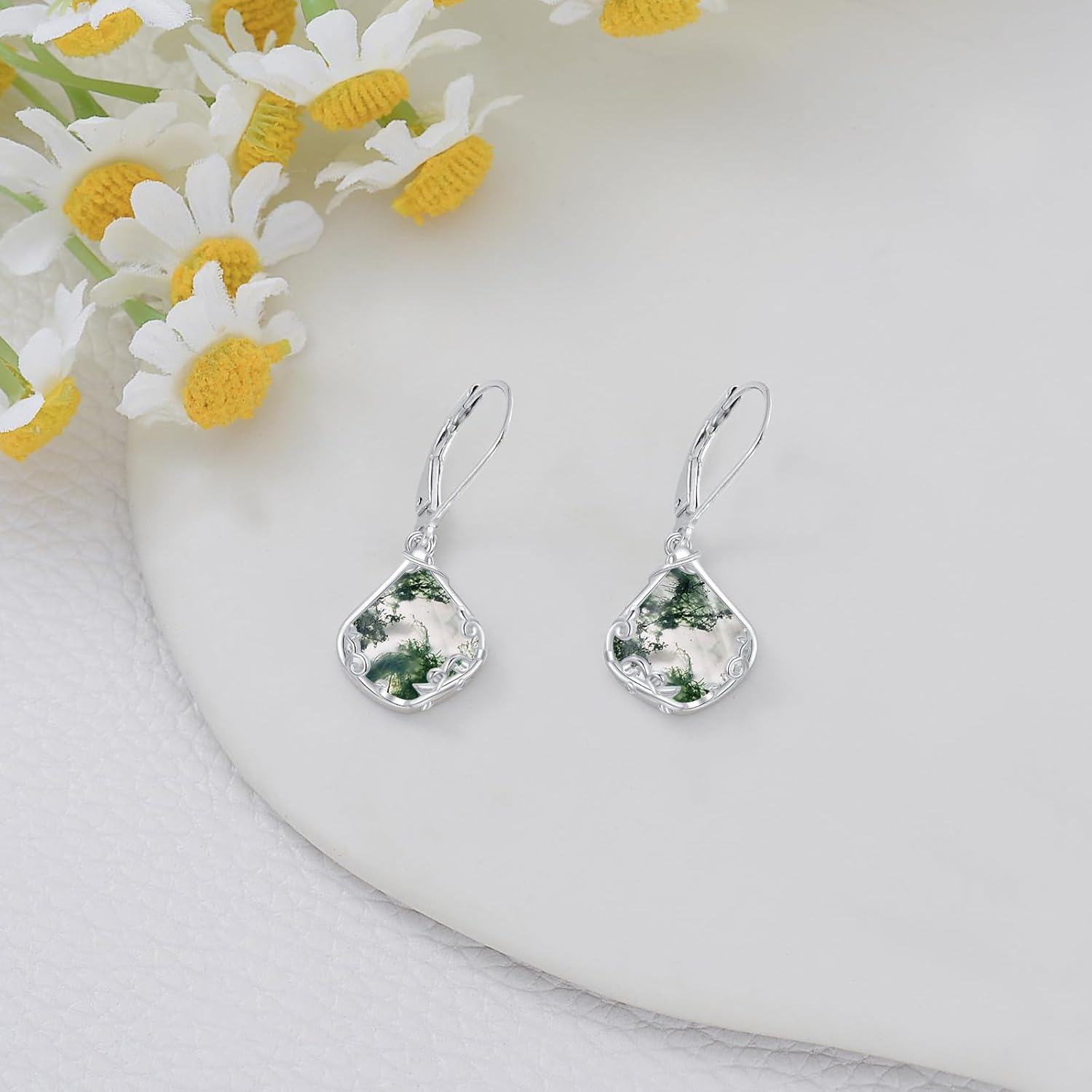 925 Sterling Silver Green Moss Agate Filigree Teardrop Dangle Earrings for Women-0-4