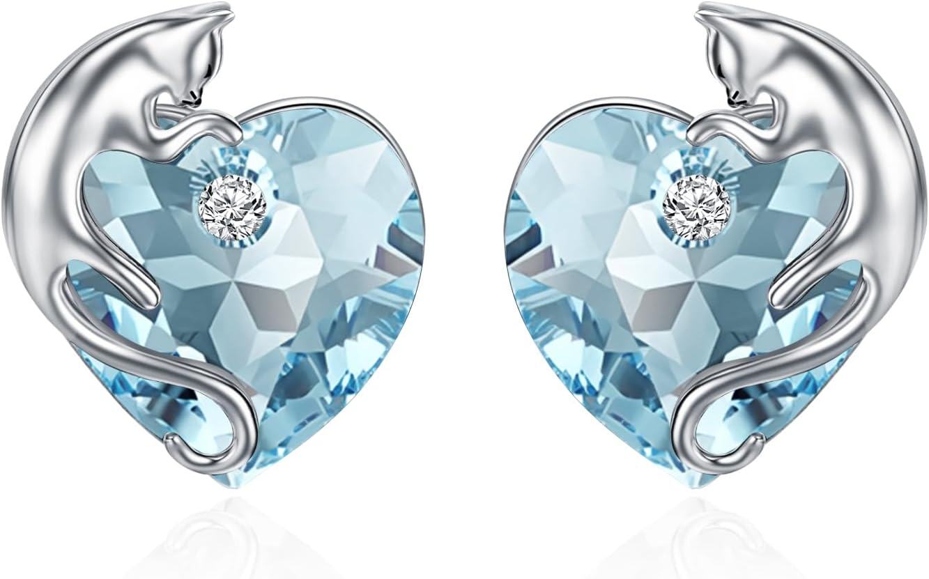 Sterling Silver Austria Crystal Cat Earrings Cute Studs with Birthstone Heart Gift for Cat Lovers-0-0