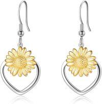wholesale 925 Sterling Silver Gold Plated Heart-Shaped Sunflower Dangle Drop Earrings for Women-3-heart sunflower gold