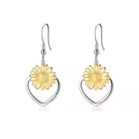 wholesale 925 Sterling Silver Gold Plated Heart-Shaped Sunflower Dangle Drop Earrings Wholesale for Women-3-heart sunflower gold