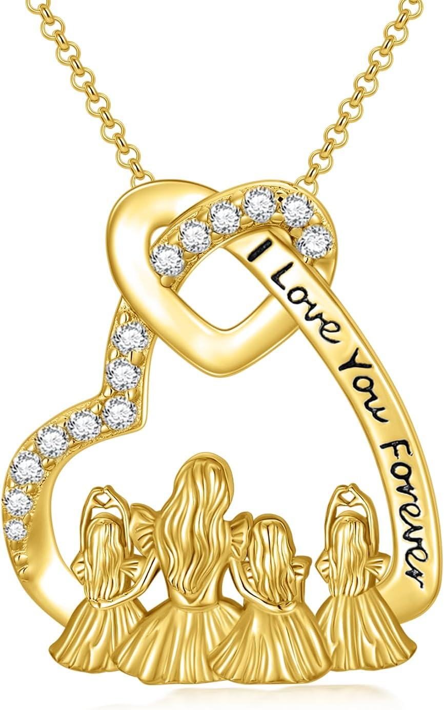 Sterling Silver 14K Gold Plated Mother Father Daughter Son Necklace Mother s Day Gift-Mom&3 Daughter