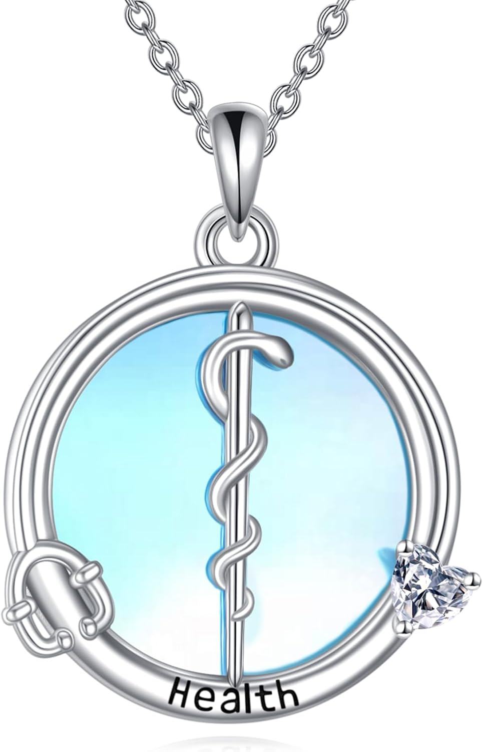 Sterling Silver Moonstone Caduceus Trident Asclepius Nurse Pendant Necklace-C-Asclepius