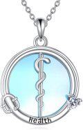 wholesale 925 Sterling Silver Moonstone Caduceus Asclepius Health Symbol Nurse Pendant Necklace-0-0