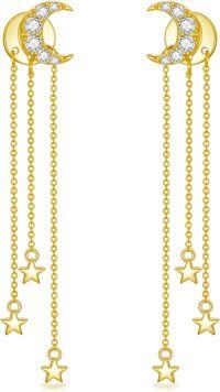 wholesale 925 Sterling Silver Crescent Moon & Stars Chain Drop Stud Earrings for Women Girls Gift Set-Moon Star
