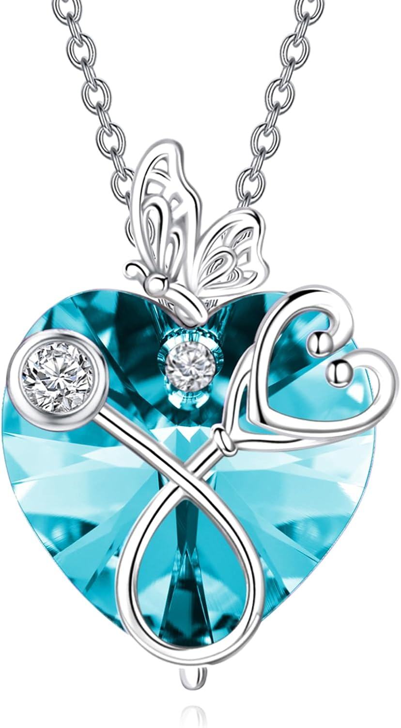 925 Sterling Silver Blue Crystal Butterfly Heart Stethoscope Pendant Necklace for Nurses Doctors Gifts-0-0