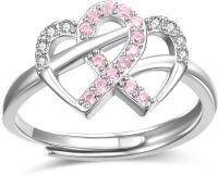 wholesale 925 Sterling Silver & Zircon Breast Cancer Ribbon Ring for Women - Adjustable Pink Ribbon Jewelry Gift-Pink Heart Ribbon