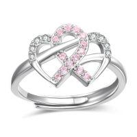 wholesale 925 Sterling Silver Pink Crystal Breast Cancer Awareness Ring-Pink Heart Ribbon
