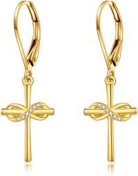 wholesale 14K Gold Cross Knot Drop Earrings with CZ Stones-Infinity Cross Leverback