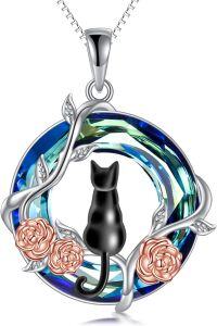 wholesale Sterling Silver Blue Crystal Cat Necklace for Women Mom Birthday Gift-1 Black Cat
