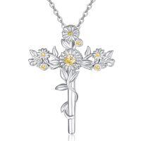 wholesale 925 Sterling Silver Cross Pendant With Floral Design And Yellow Gems-Daisy