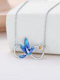 wholesale 925 Sterling Silver Hummingbird Infinity Love Pendant Necklace with Gold Flowers and Blue Enamel Wings-0-2