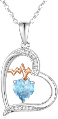 wholesale Sterling Silver Gemstone Love Heart Birthstone Necklace with Heartbeat Pendant for Women Gift for Mother Wife Girlfriend-03-Mar-Aquamarine