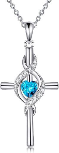 wholesale 925 Sterling Silver Birthstone Cross Pendant Necklace for Women-December-Blue