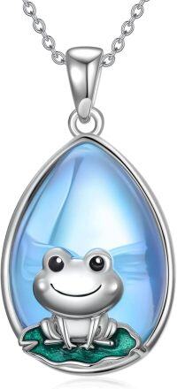 wholesale 925 Sterling Silver Blue Moonstone Frog Pendant on Green Enamel Lotus Leaf Chain Necklace for Women Gifts-01-Frog