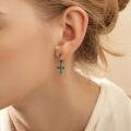 wholesale Black 925 Sterling Silver Green Stone Cross Huggie Hoop Dangle Earrings-0-3