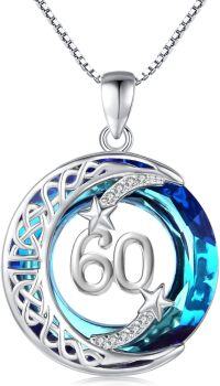 wholesale 925 Sterling Silver 60th Anniversary Blue Crystal Celtic Moon & Stars Pendant Necklace for Women-60th