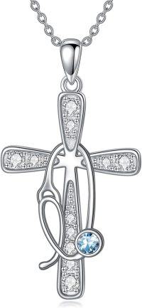 wholesale 925 Sterling Silver Birthstone Crystals Stethoscope Necklace for Nurse Doctor Medical Student-3-Mar-Aquamarine