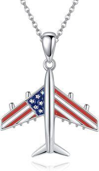 wholesale 925 Sterling Silver Airplane Necklace with USA Flag Design - Red White Blue 4th of July Jewelry - Nickel Free Hypoallergenic Gift for Women-Airplane
