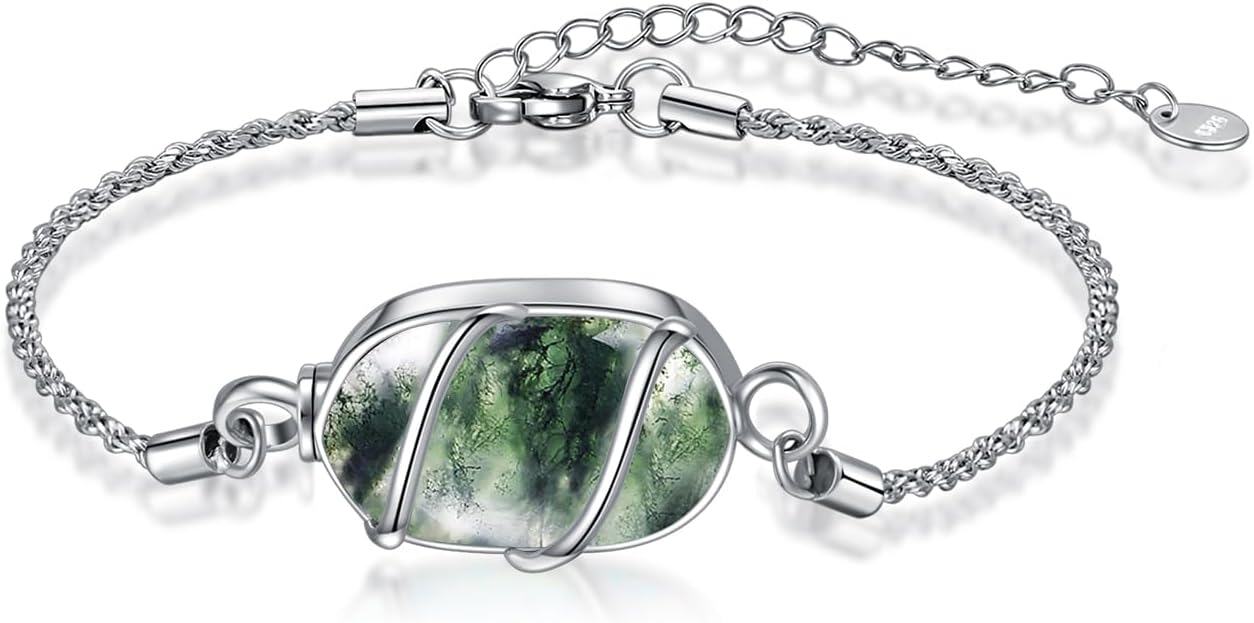 925 Sterling Silver Green Moss Agate Cremation Urn Bracelet for Ashes Memory s for Women-0-0