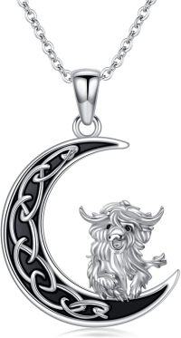wholesale 925 Sterling Silver Black Enamel Wolf on Crescent Moon Pendant Necklace-Highland Cow
