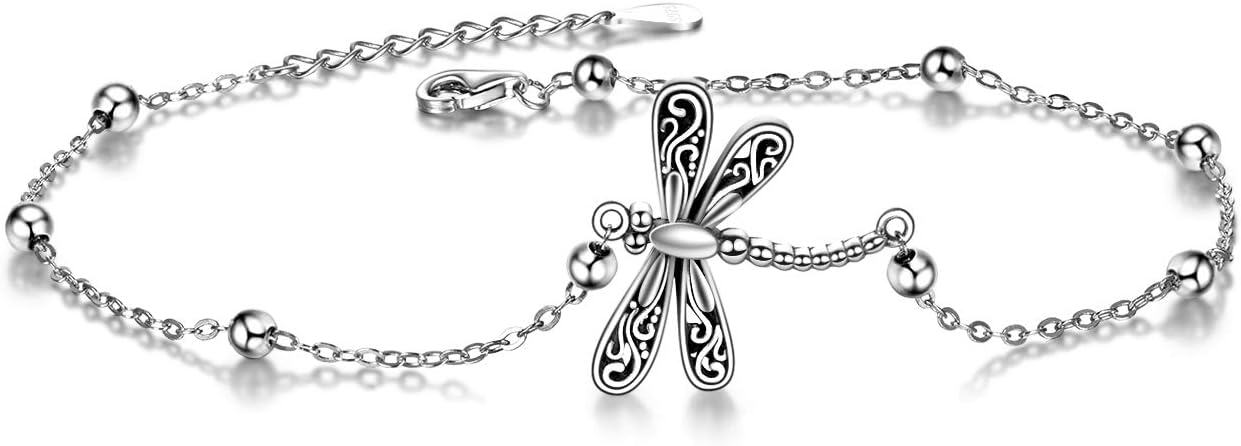 wholesale 925 Sterling Silver Dragonfly Charm Anklet with Beaded Chain and Clasp for Women Girls  6+1 inch Adjustable Length-0-0