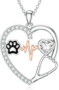wholesale 925 Sterling Silver Heart-Shaped Paw Print & EKG Pendant Necklace for Vet Nurses-01-Paw