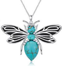 wholesale 925 Sterling Silver & Natural Turquoise Bee Gemstone Necklace, Unique Vintage Design for Formal/Daily Wear-Black Wings