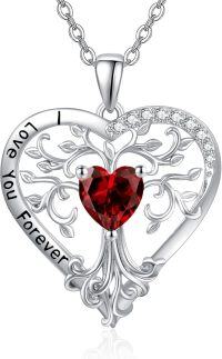wholesale Sterling Silver Birthstone Tree of Life Heart Pendant Necklace for Women-01 Jan - Garnet