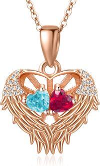 wholesale Sterling Silver 2 Birthstones Angel Wings Necklace for Women-03-07-Mar-Jul