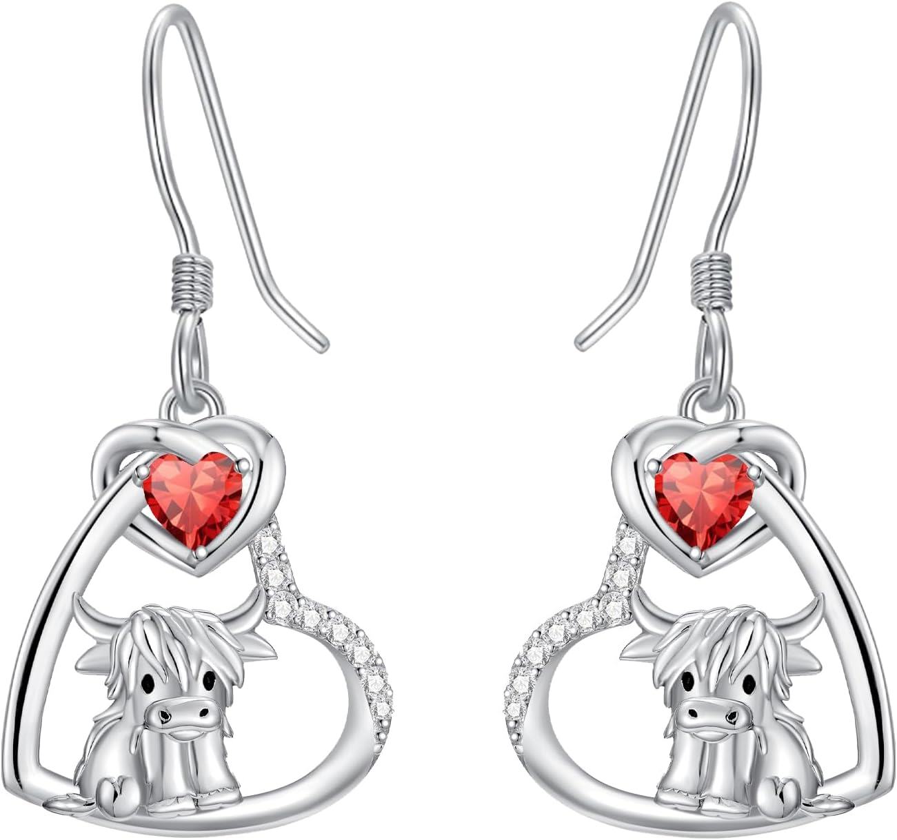 Sterling Silver Birthstone Highland Cow Dangle Earrings Scotland Western Gift-07-Jul-Ruby