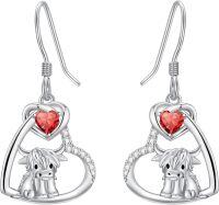 wholesale 925 Sterling Silver Birthstone Highland Cow Dangle Earrings Scotland Western Gift-07-Jul-Ruby