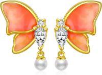 wholesale 925 Sterling Silver Coral Butterfly Pearl Drop Earrings for Women-Butterfly Stud Earrings with Pearl